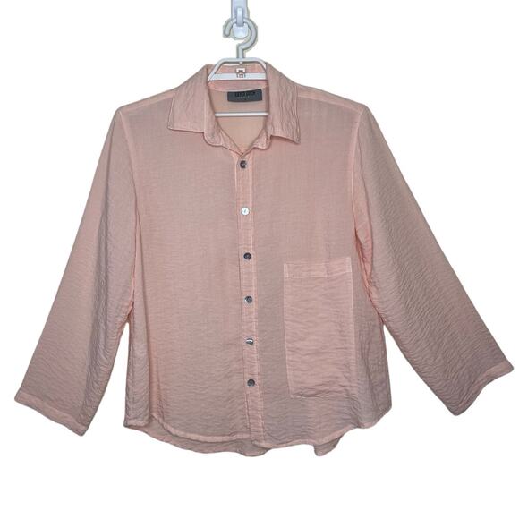 ELEVEN STITCH Design Peach Pink Button Up Tunic Blouse Lagenlook Pocket Sz L - Picture 1 of 9